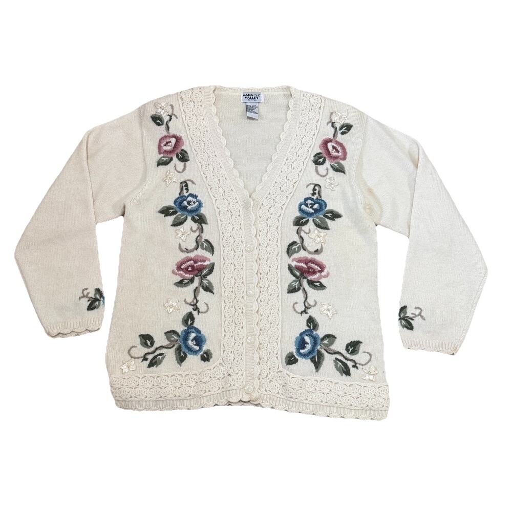 Vtg Napa Valley Petite M Ivory Floral Embroidered Cardigan Cottagecore Granny